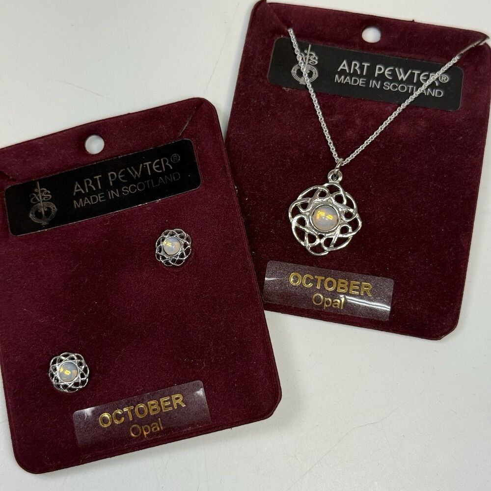 Art Pewter Made In Scotland October Opal Necklace And Earring Set New